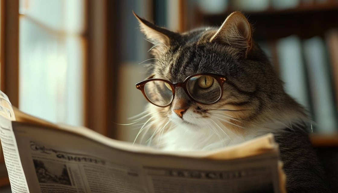 studious cat wearing glasses reading a newspaper